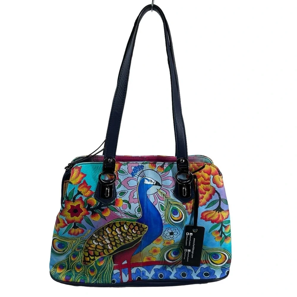 Sharif Hand‎ Painted Genuine Leather Art Deco Handbag & Matching Makeup Pouch